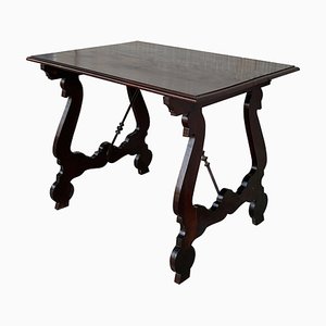 18th-Century Refectory Spanish Table with Lyre Legs and Iron Stretcher