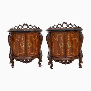 Carved Marquetry Nightstands with Two Doors and Hidden Drawer, Set of 2