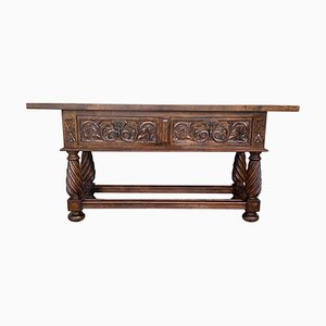 19th-Century Spanish Low Console Table with Solomonic Legs & Two Carved Drawers