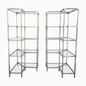 Mid-Century Brass Acrylic Glass and Glass Shelving Units, Set of 2