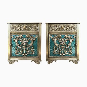 Comodini in bronzo con ante in vetro verde e cassetto, set di 2