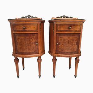 20th Louis XVI Style Marquetry Nightstands with Metal and Mirror Crest, Set of 2