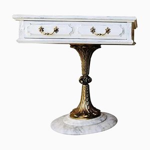 White Nightstand with One-Drawer and Bronze and Marble Pedestal