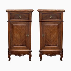 Art Nouveau Walnut Nightstands with Crest and Marble Top, Set of 2