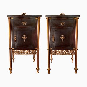 French Ebonized Mahogany Nightstands with Fluted Bronze Columns, Set of 2