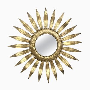 Mid-Century Gilt Iron Layered Leafed Flower Shaped Sunburst Mirror