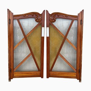 French Pine and Stained Glass Swinging Saloon Doors, 1930s, Set of 2