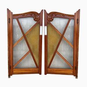 Portes Pivotantes Antiques en Pin et en Verre Teinté, France, Set de 2