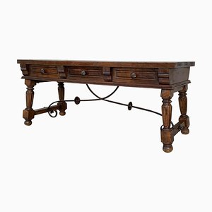 Spanish Low Console Table with Marquetry Drawers and Iron Stretcher