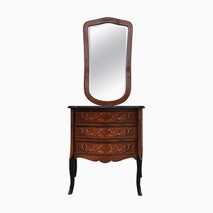 Cómoda estilo Luis XVI de madera real y marquetería con espejo. Juego de 2