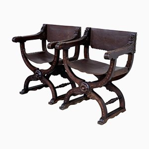 Banc Pliant en Noyer Sculpté et Cuir, 19ème Siècle, Set de 2