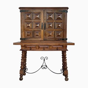 19th Century Spanish Cabinet on Stand in Carved Walnut and Iron Stretcher