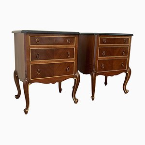 20th French Walnut Nightstands with 3 Drawers and Black Marble Top, Set of 2