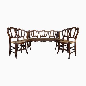 Bank & viktorianische Stühle aus Holz & Rattan, 20. Jh., 5er Set