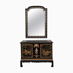 Black Lacquer & Hand-Painted Open Altar Table or Sideboard with Mirror, Set of 2