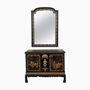 Schwarz lackierter & handbemalter offener Altartisch oder Sideboard mit Spiegel, 2er Set