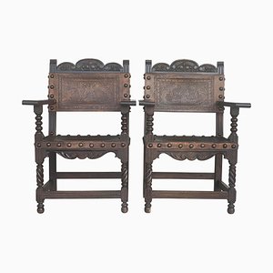 Spanish Catalan Altar Armchairs with Carved Leather, Set of 2