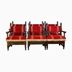 Fauteuils Bas 19ème en Noyer Sculpté et Tapisserie en Velours Rouge, Set de 6