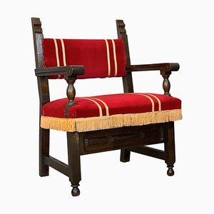 Fauteuil Espagnol en Noyer Sculpté et Tapisserie en Velours Rouge