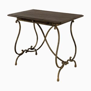 19th French Wooden Bistro Table with Iron Lyre Legs & Top with Drawer