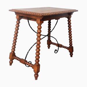 19th Century Spanish Farm Table with Iron Stretchers, Hand Carved Top & Drawer