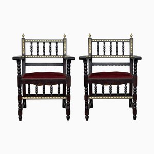 Spanish Armchairs with Bronze Details & Red Velvet Upholstery, Set of 2