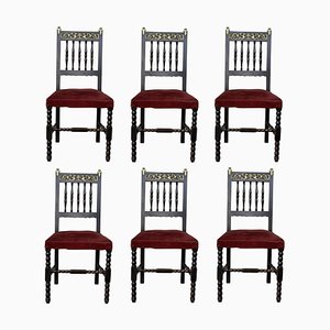 19th Spanish Chairs with Bronze Details & Red Velvet Upholstery, Set of 6