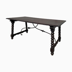 19th Baroque Spanish Farm Trestle Lyre Leg Dining Room Table with Forged Iron