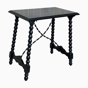 19th Spanish Baroque Side Table with Iron Stretcher & Carved Top in Walnut