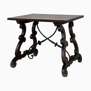 19th Century Spanish Side Table with Hand-Carved Lyre Leg & Iron Stretcher