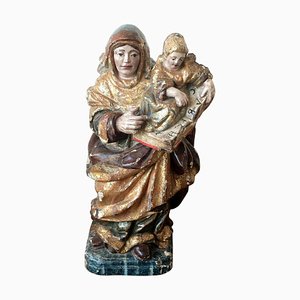 Sainte Anne Sculptée et Peinte Polychrome avec l'Enfant Marie, Espagne, 16ème Siècle