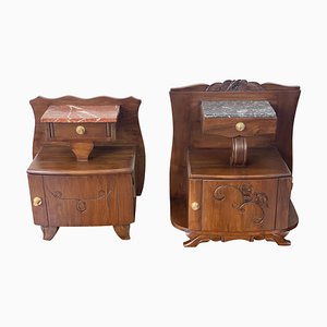 Art Nouveau Carved Nightstands or Bedside Tables with Marble Top, 1900s, Set of 2