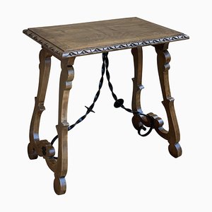 19th Century Spanish Side Table with Hand-Carved Lyre Leg and Iron Stretcher