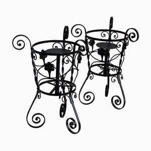 20th Century Black Wrought Iron Painted Adjustable Plant Stands, Set of 2