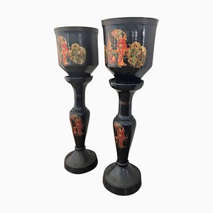 Grandes Urnes ou Vases Style Chinoiserie sur Piédestaux en Terracotta Vernie, Set de 4