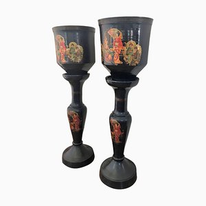 Urnas o jarrones estilo chinoiserie grandes con pedestales de terracota esmaltada. Juego de 4