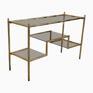 Mid-Century Modern Italian Faux Bamboo Gilt Metal Console with Smoked Glass
