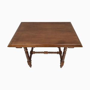 Spanish Baroque Side Table with Wood Stretcher and Carved Top in Walnut