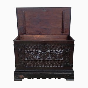 19th Spanish Baroque Walnut Trunk with Handcarved Decoration