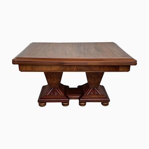 Art Deco Square & Extendable Burl Walnut Dining Table with 2 Pedestals