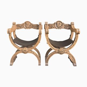 19th Century Carved Walnut Leather Savonarola Chairs, Set of 2