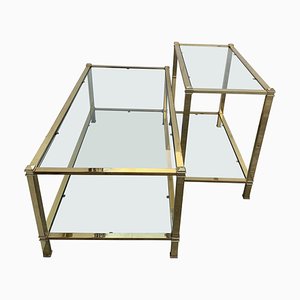 Mid-Century Modern Brass Side Table & End Console Table in Glass, Set of 2