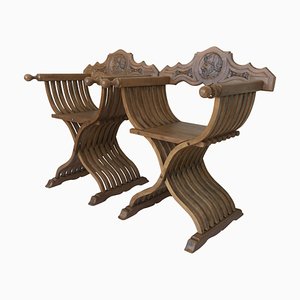 19th Century Carved Walnut Savonarola Folding Scissors Bench