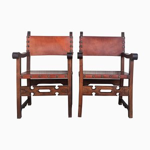 19th Century Spanish Colonial Style Carved Armchairs with Leather, Set of 2