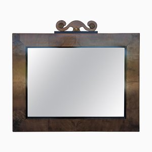 Espejo antiguo rectangular de roble tallado y bronce, años 20