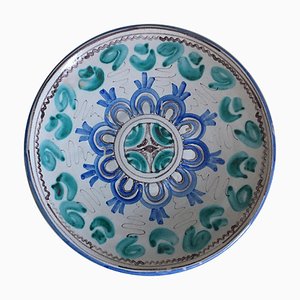 Mid-Century Keramikschale in Blau & Grün mit geometrischen Motiven