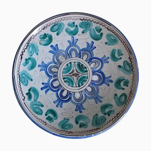 Plat Mid-Century en Céramique Bleue et Verte avec Motifs Géométriques