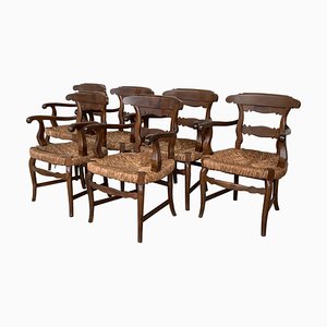 19th Century Armchairs with Straw Seat, Set of 6