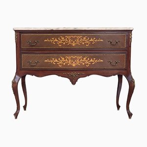 Commode à Tiroirs en Marqueterie avec Détails en Bronze et Plateau en Marbre Crème