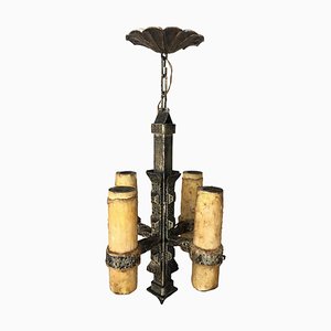 French Vintage Four-Light Gilt Iron Light Fixture with Large Wax Candles